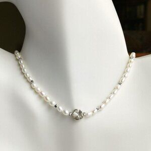 White Rice Pearl  Necklace with Sterling Silver Flower